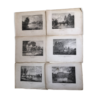 Lot 6 estampes 1820 : loiret orleans st mesmin la source moulin chateau dessin dumas, gravé langlume
