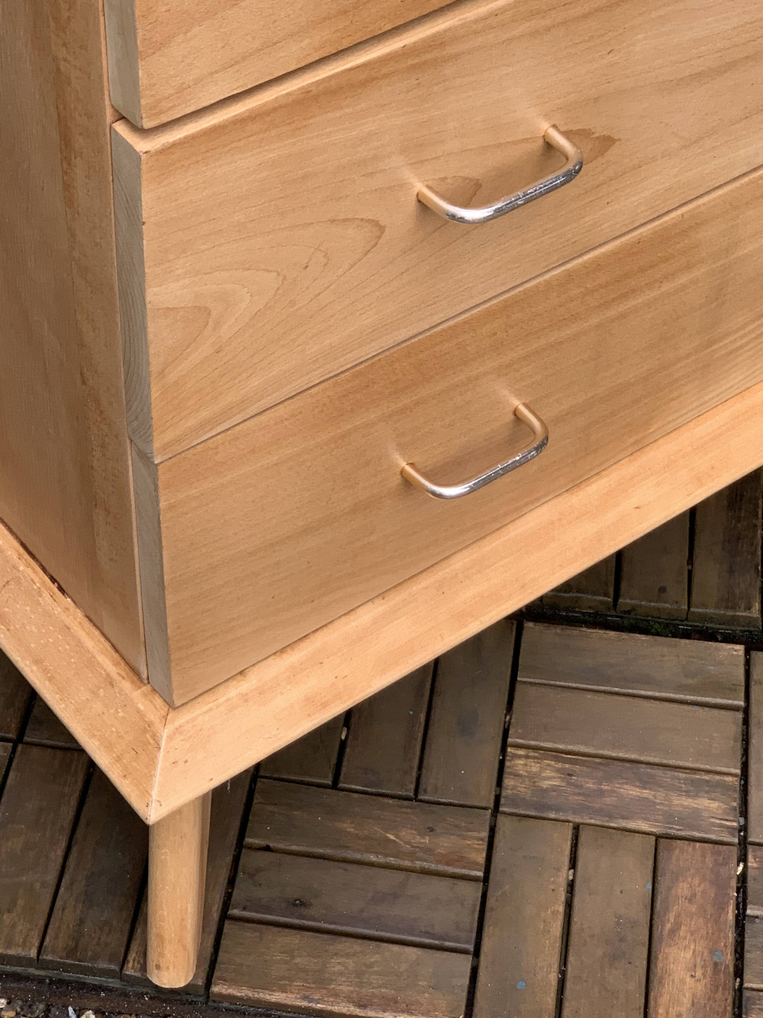 Vintage chest of drawers with compass feet, solid raw beech, 1960s