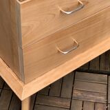 Vintage chest of drawers with compass feet, solid raw beech, 1960s