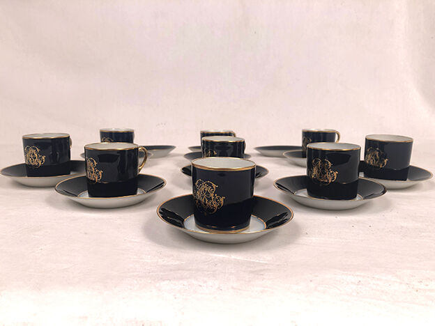 Together, Limoges, Jean Pouyat cups and sub-cups blue oven background