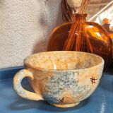 Aegitna Vallauris Hand Painted Enameled Ceramic Cups and Plates/Saucers with Thistle Motifs