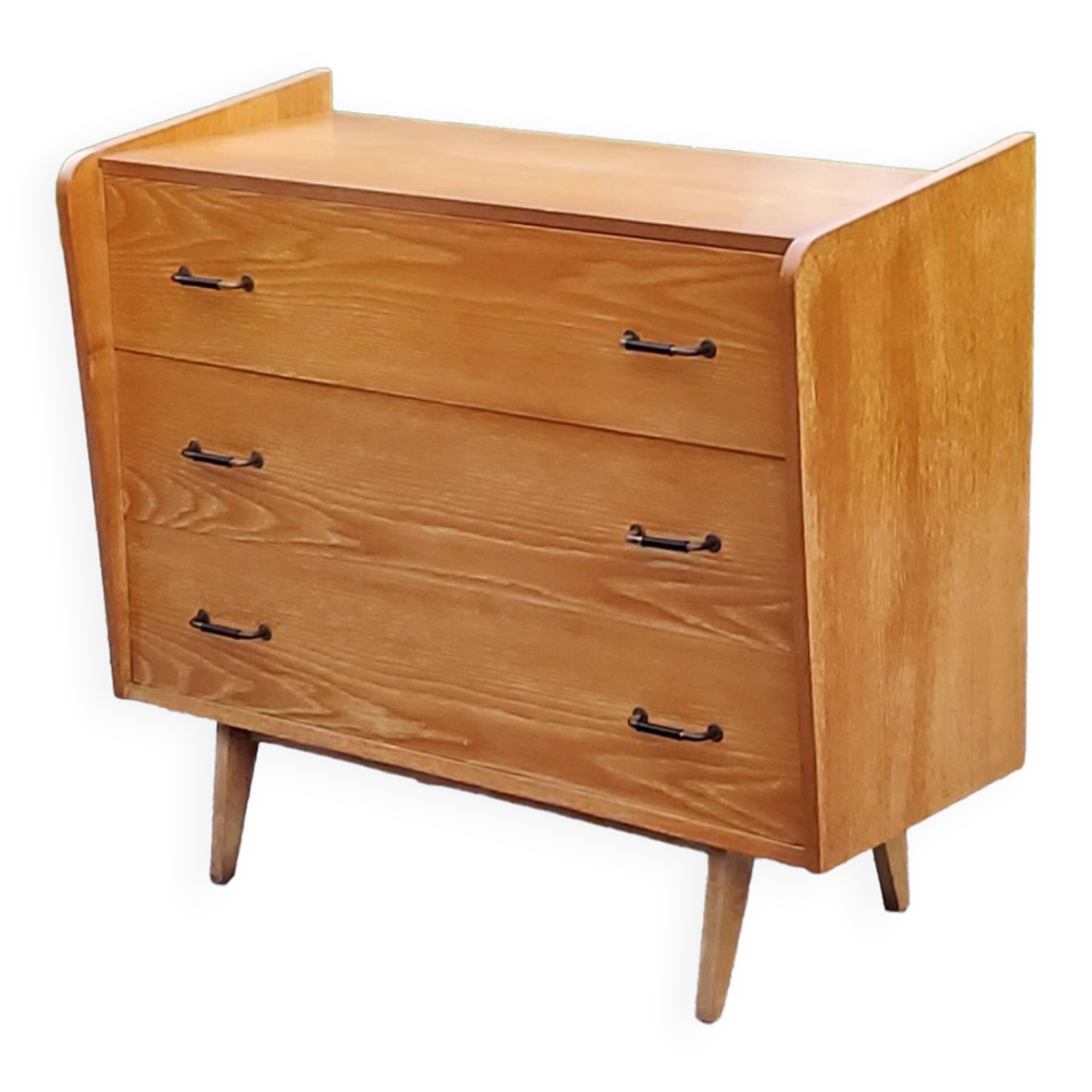 Vintage chest of drawers in golden blond oak legs compass and fins 3 drawers from the 50s