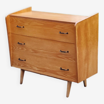 Vintage chest of drawers in golden blond oak legs compass and fins 3 drawers from the 50s