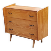 Vintage chest of drawers in golden blond oak legs compass and fins 3 drawers from the 50s