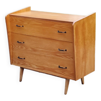 Vintage chest of drawers in golden blond oak legs compass and fins 3 drawers from the 50s