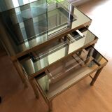 Lot: set of 3 nest of tables in brass and smoked gold glass 1970s