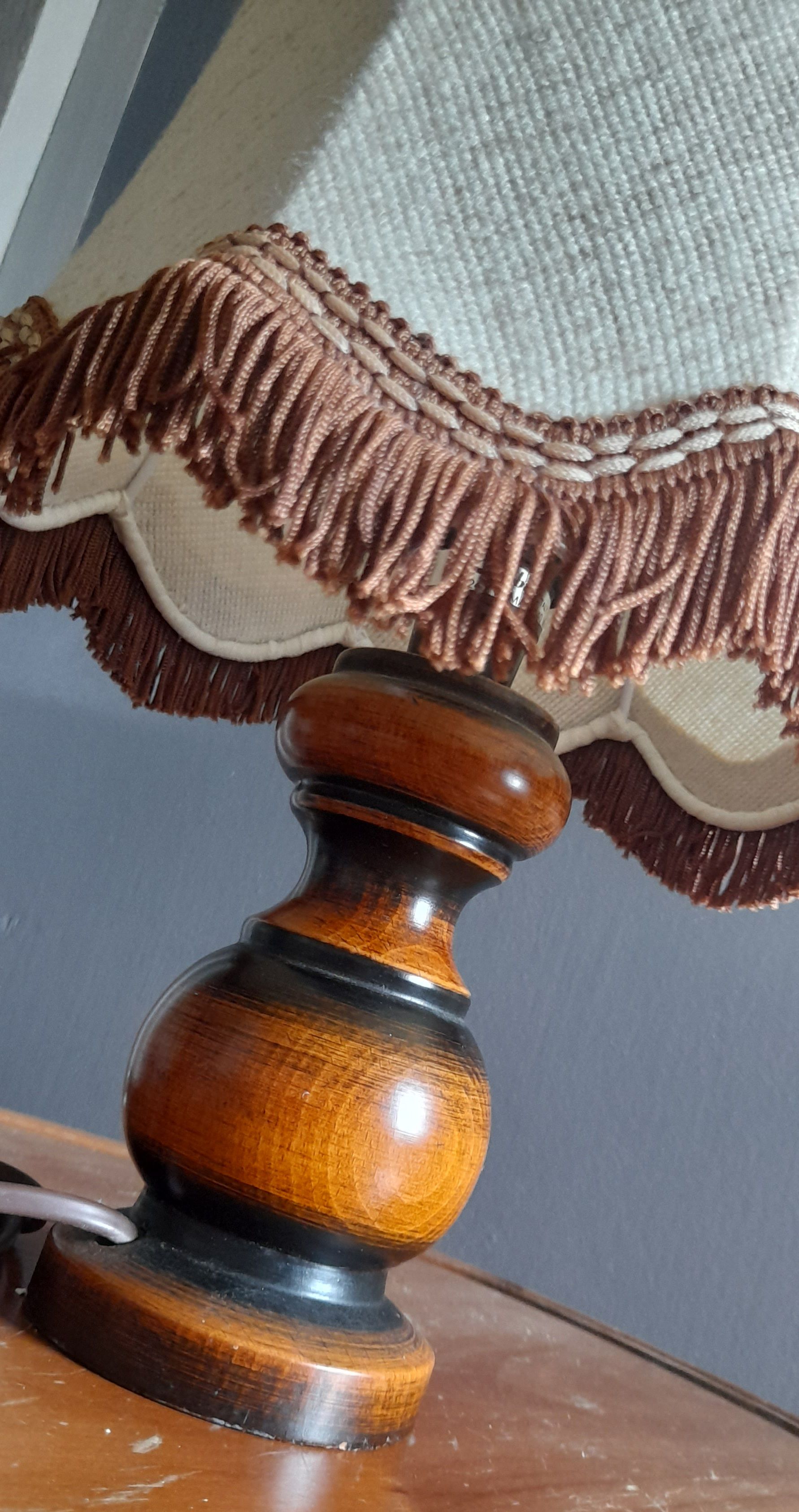 Table lamp foot turned wood and lampshade pagoda ecru/brown, seventies