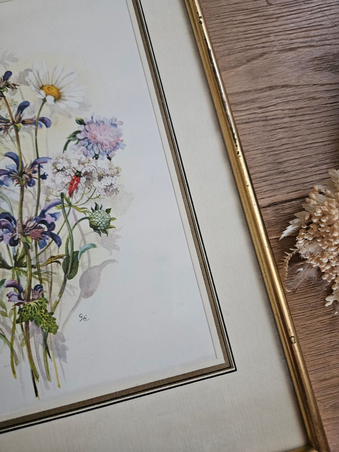 Lithographie bouquet de fleurs sauvages sous cadre doré