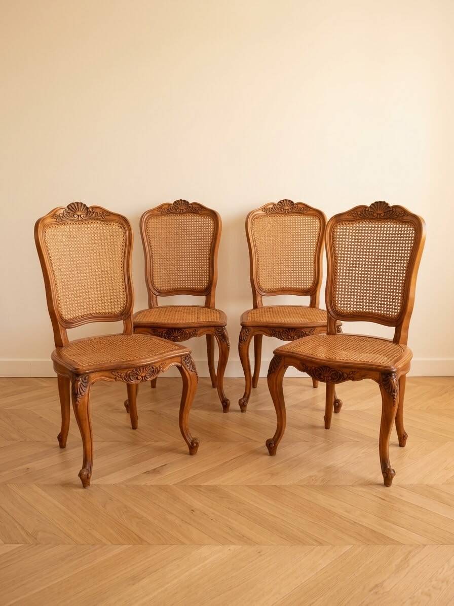 Set of 4 Regency chairs in caned cherry wood.