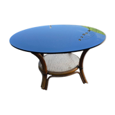 Table basse ronde en rotin, cannage et verre bleu fumé – années 1970