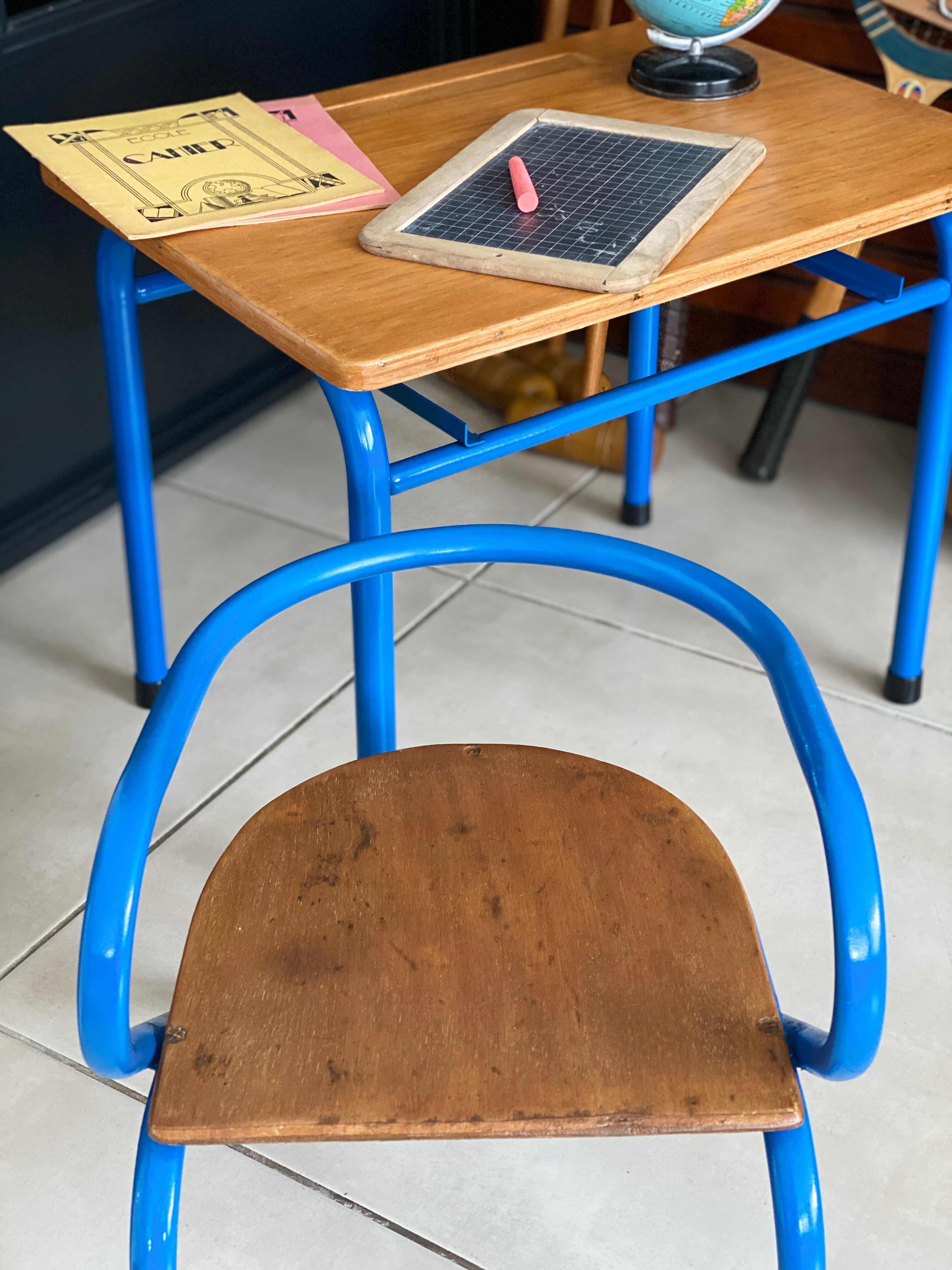 Blue desk and school chair set  design Jacques Hitier