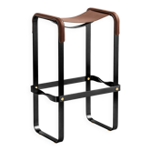Tabouret de bar contemporain en métal fumé noir et cuir marron foncé