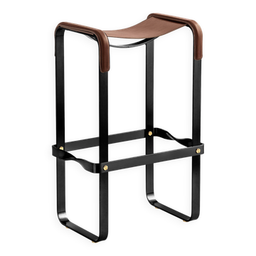 Contemporary bar stool in smoked black metal and dark brown leather.