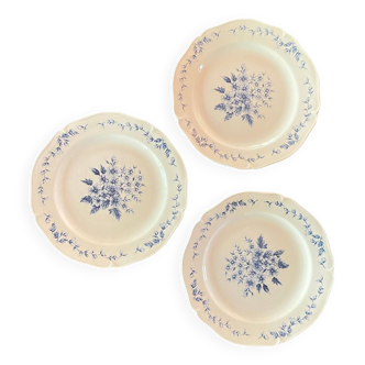 3 assiettes plates à décor de fleurs bleues, Gien 1971-1984