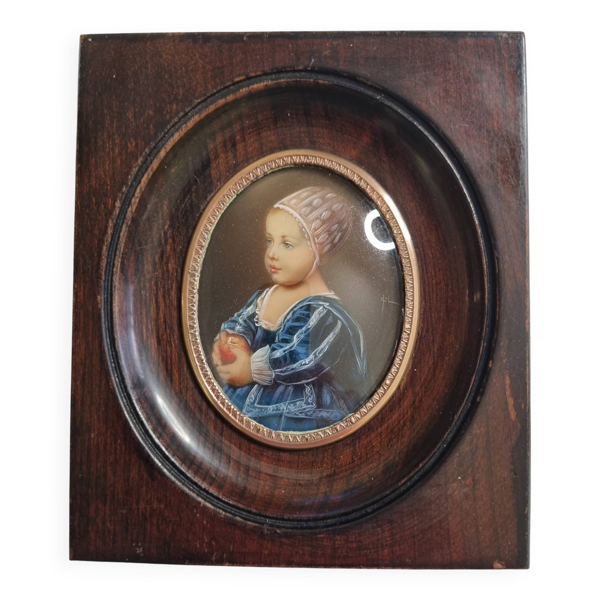 Painted miniature "Baby Stuart" after Van Dyck, wooden frame, signed, 11x13 cm.