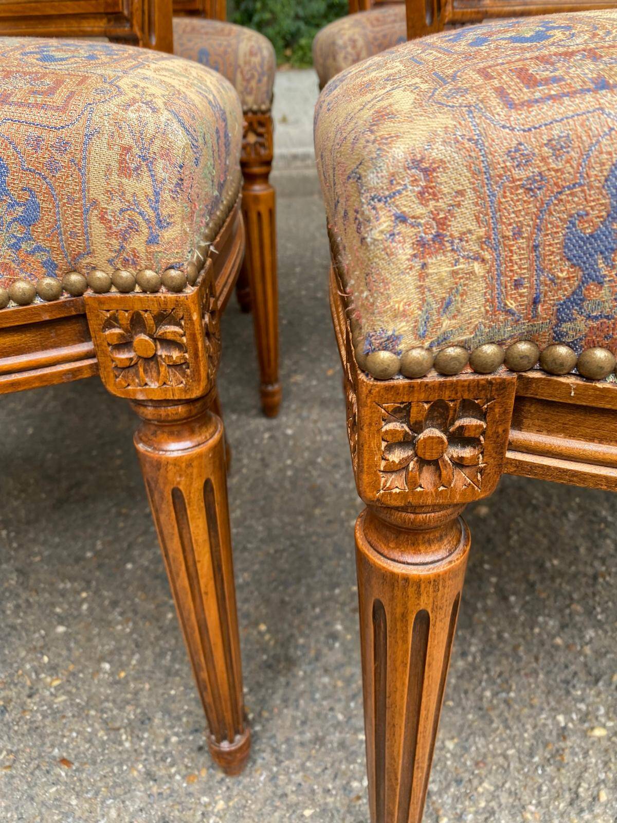 Set of 6 Louis XVI style chairs with caned backs and 70s jacquard fabric.