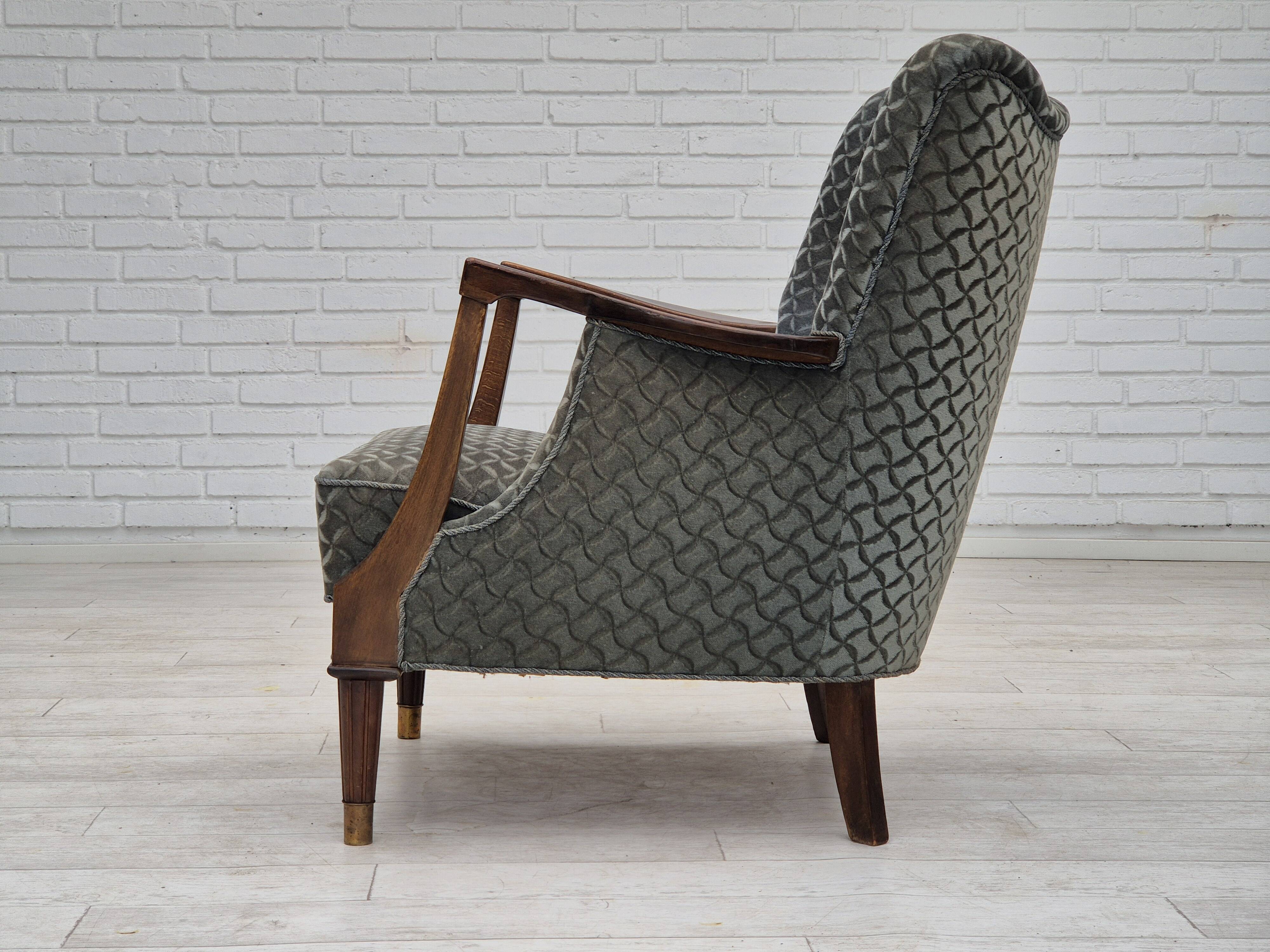 1960s, Danish armchair, original very good condition, furniture velour, beech wood,