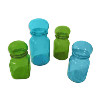 Lot of 4 blue and green glass jars