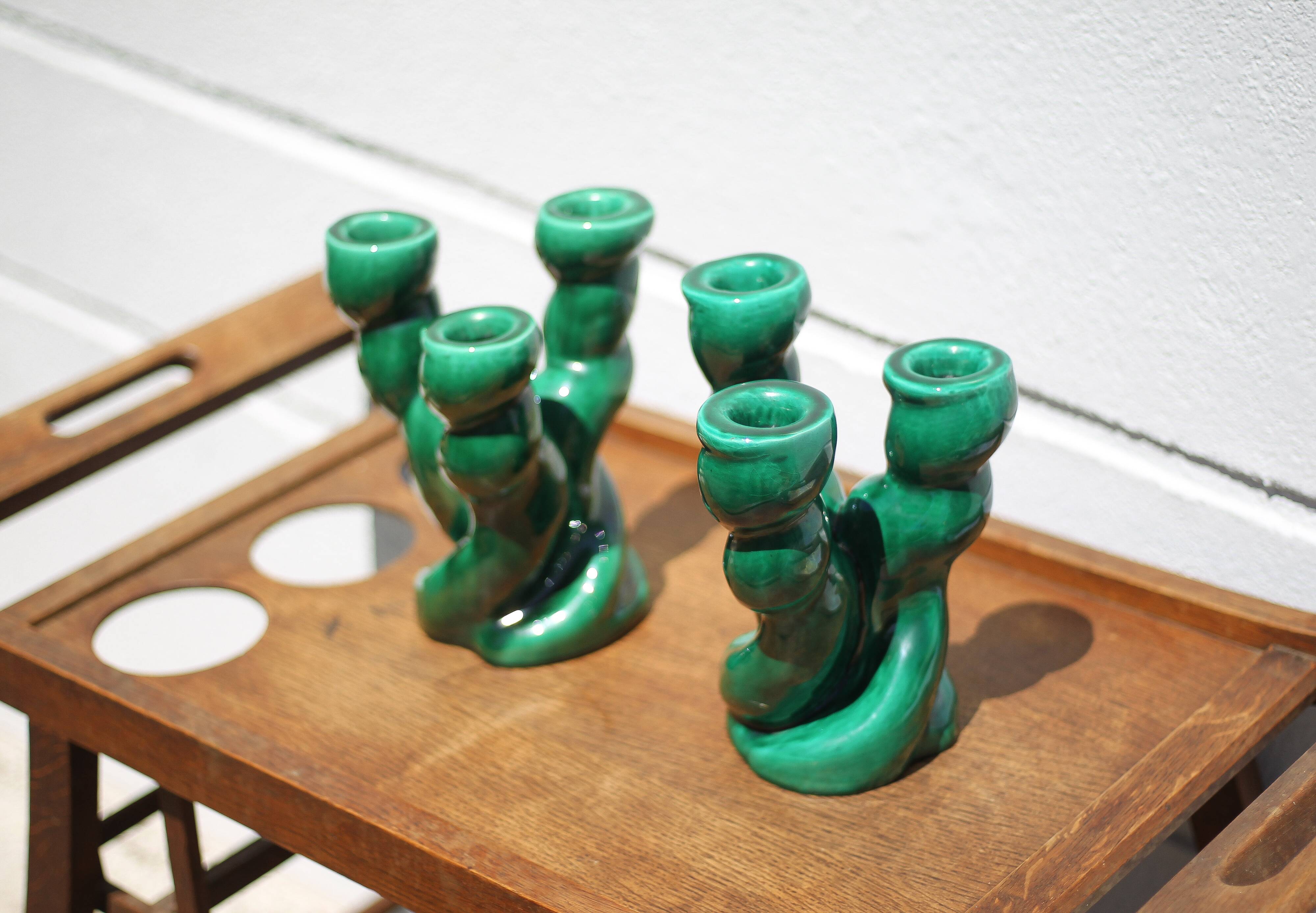 Pair of twisted green ceramic candlesticks, 3-branched candlestick, Vallauris style emerald candelabra