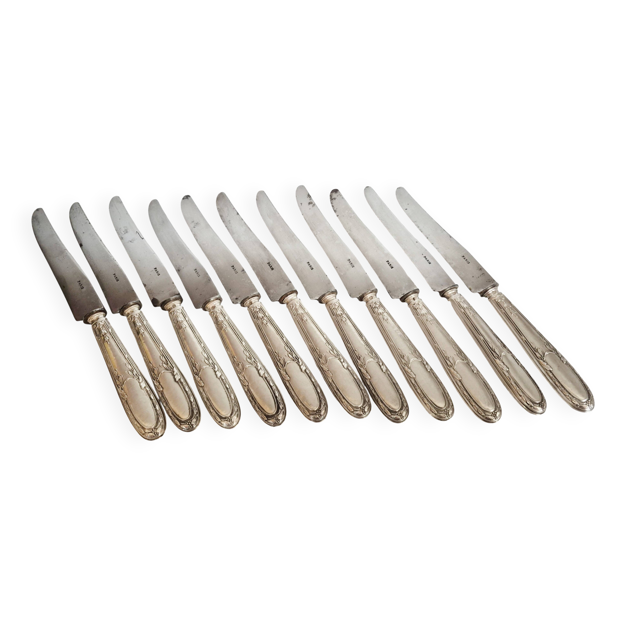 Set of 11 vintage knives, steel blades and silver handles