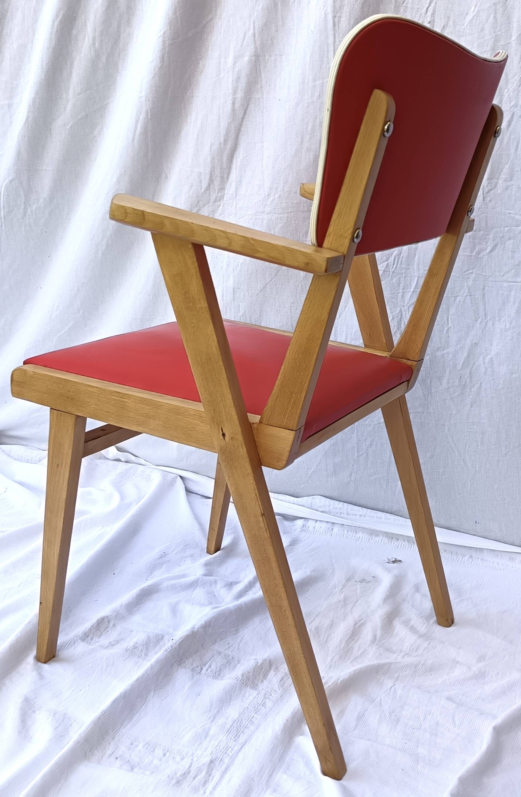 1960s wooden chair with armrests and faux leather seat