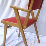 1960s wooden chair with armrests and faux leather seat