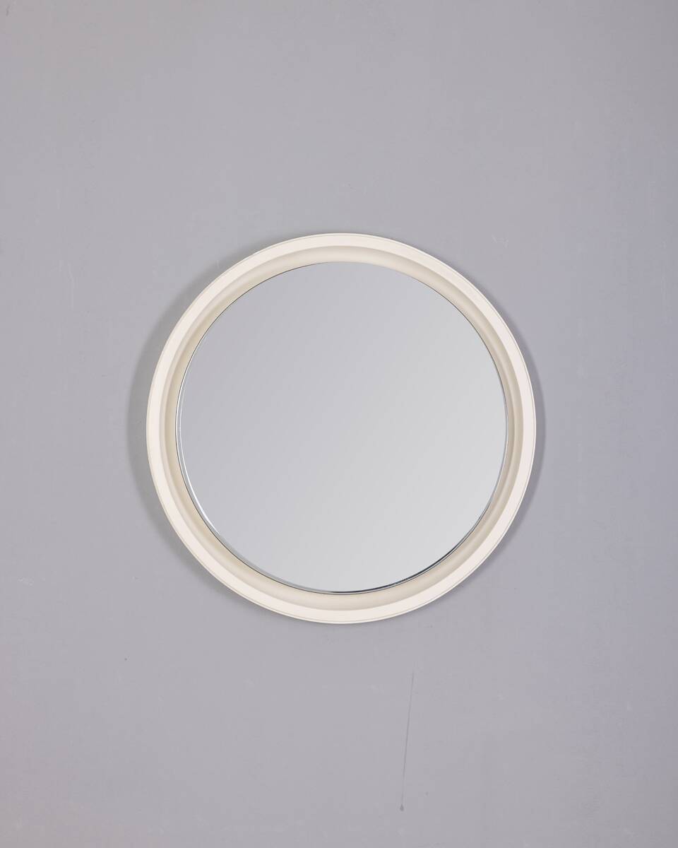 VINTAGE ROUND WALL MIRROR FROM THE 1970S IN WHITE WOOD, ITALIAN DESIGN