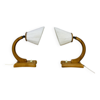 Paire de lampes art déco bois courbé et laine
