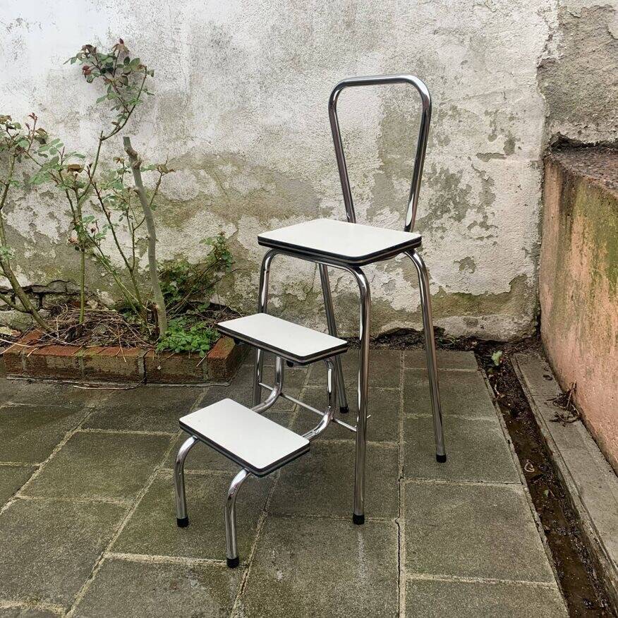 Vintage stepladder in Formica, wood and chromed metal