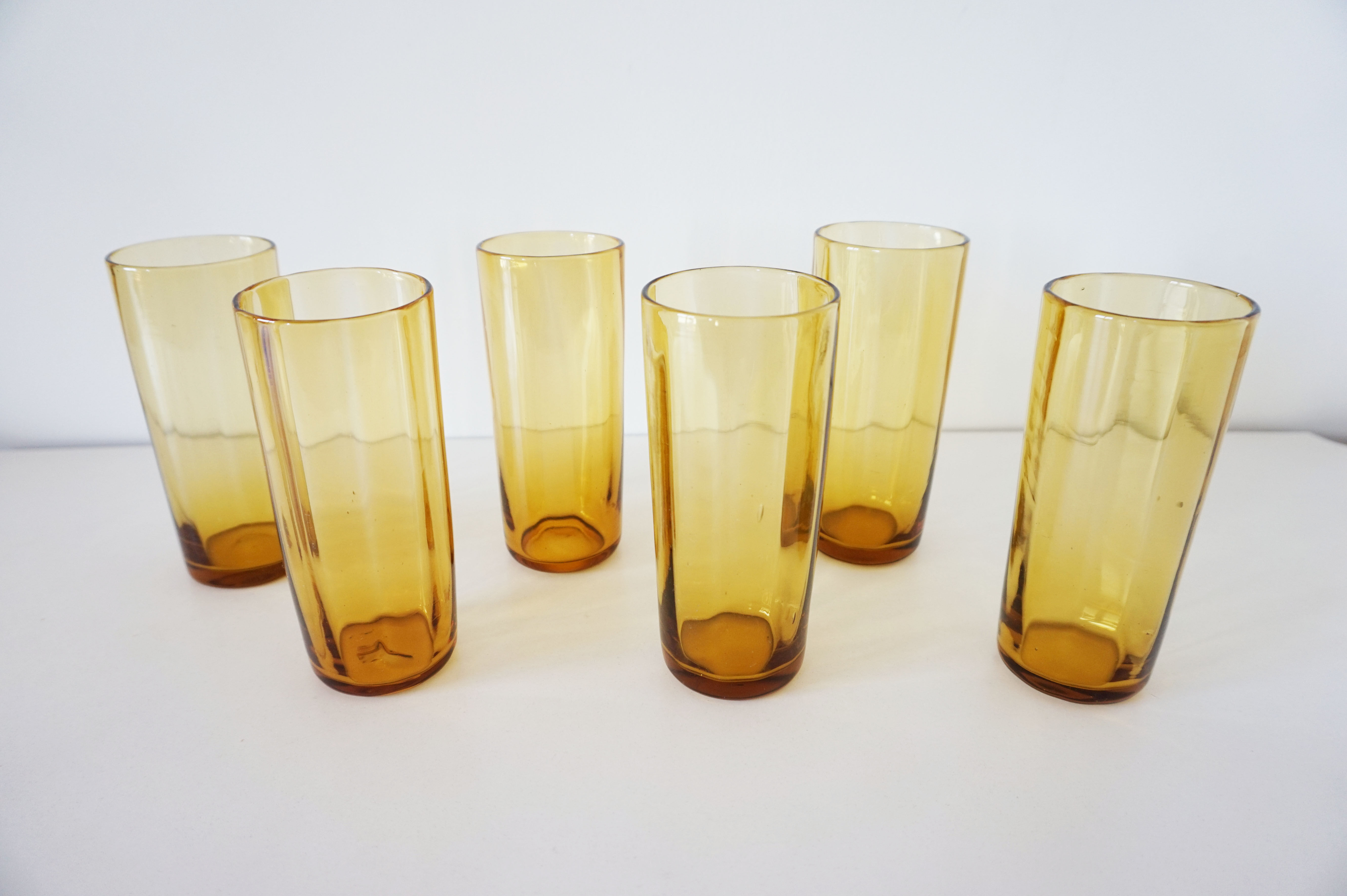 6 amber glass water glasses 1960