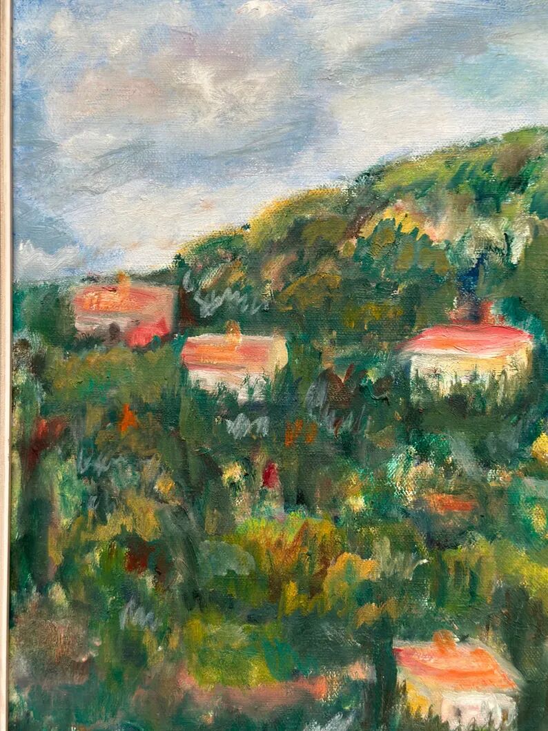 Original Swedish Oil on Canvas – “Hilly Landscape with Houses” by Lalla Blecher – Signed – Vintage & Framed