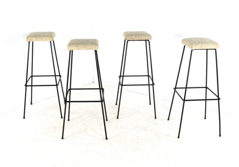 Set of 4 original vintage Bar Stools - black metal with fabric upholstery