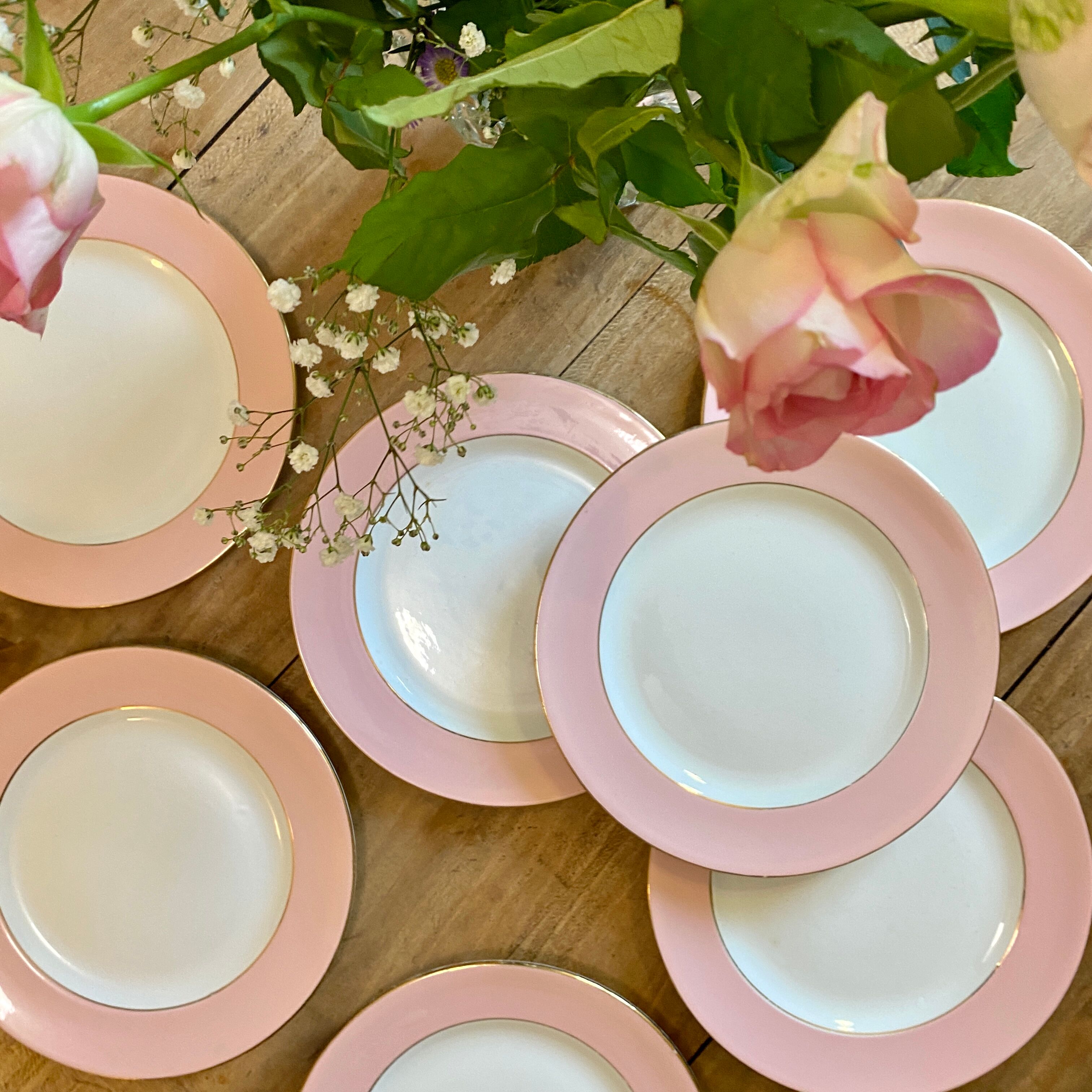 Set of 7 flat plates vintage pink L'Amandinoise