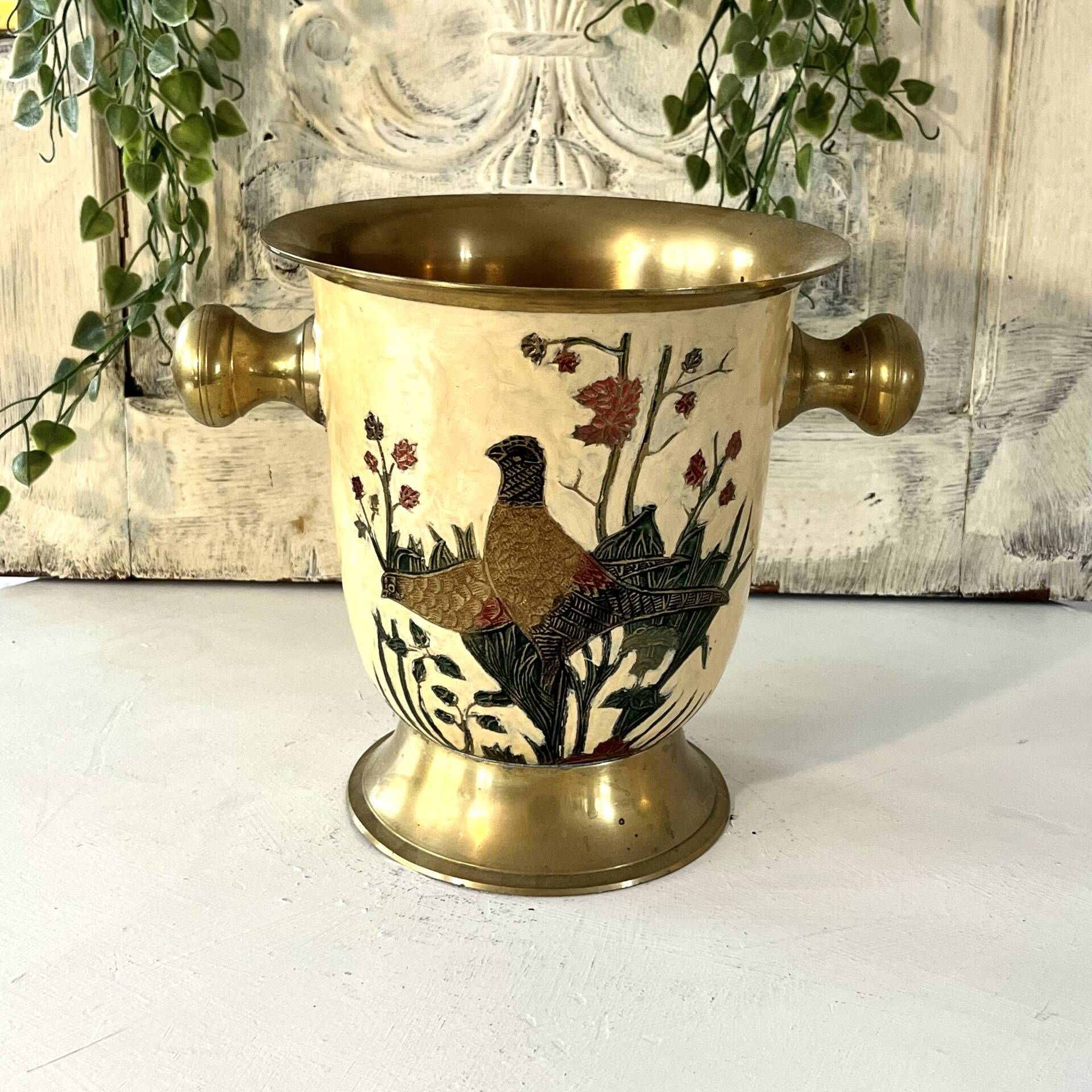 Cloisonne Ice Bucket, Vintage French Peach Enamel Pheasant Floral Desi