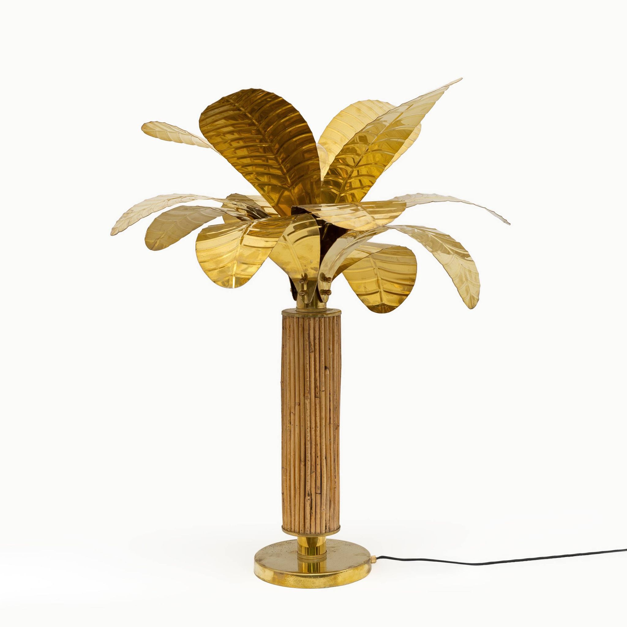 Pair of Mid-century Modern Italian Brass and Rattan Palm Tree Lamps, 1970s