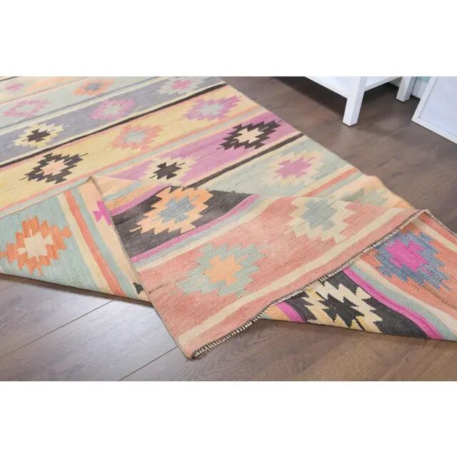 Vintage Turkish Oushak Handmade Wool Cotton Green Kilim Runner Rug 129x297