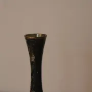 Vintage brass soliflore vase with black, red, and green floral decoration – H 18 cm