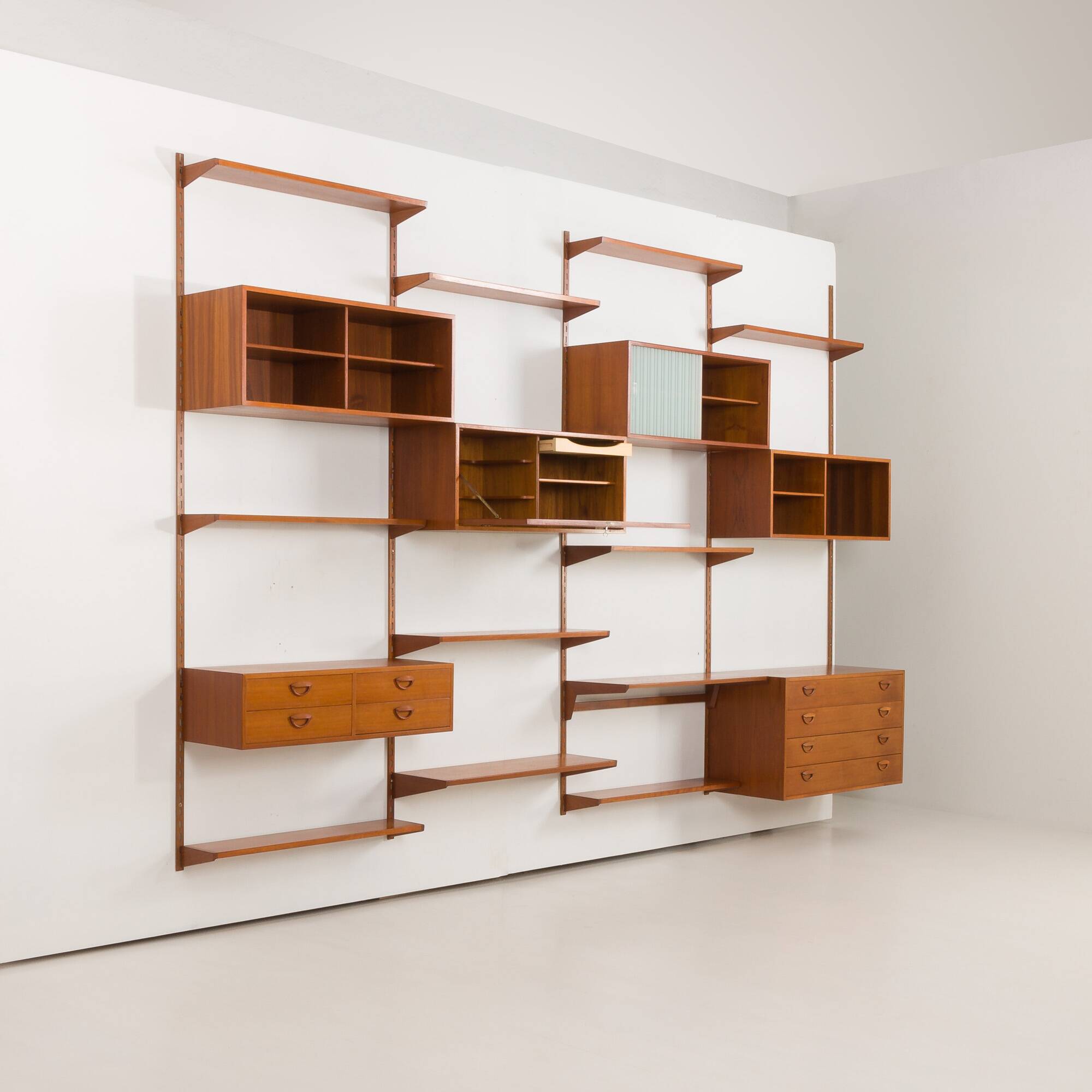 Kai Kristiansen four bay teak wall unit with a dresser, FM Mobler, Denmark