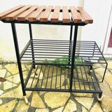 Modernist metal and teak serving trolley on wheels