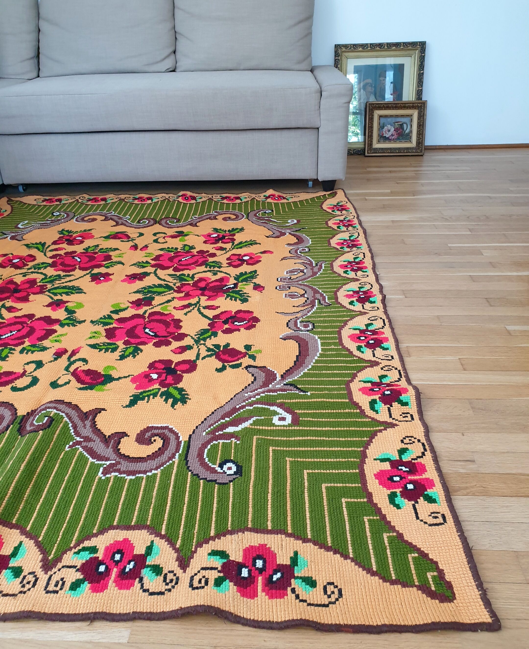 Gorgeous cross stitch floral carpet with red roses made by hand on heme Romania 148x196cm