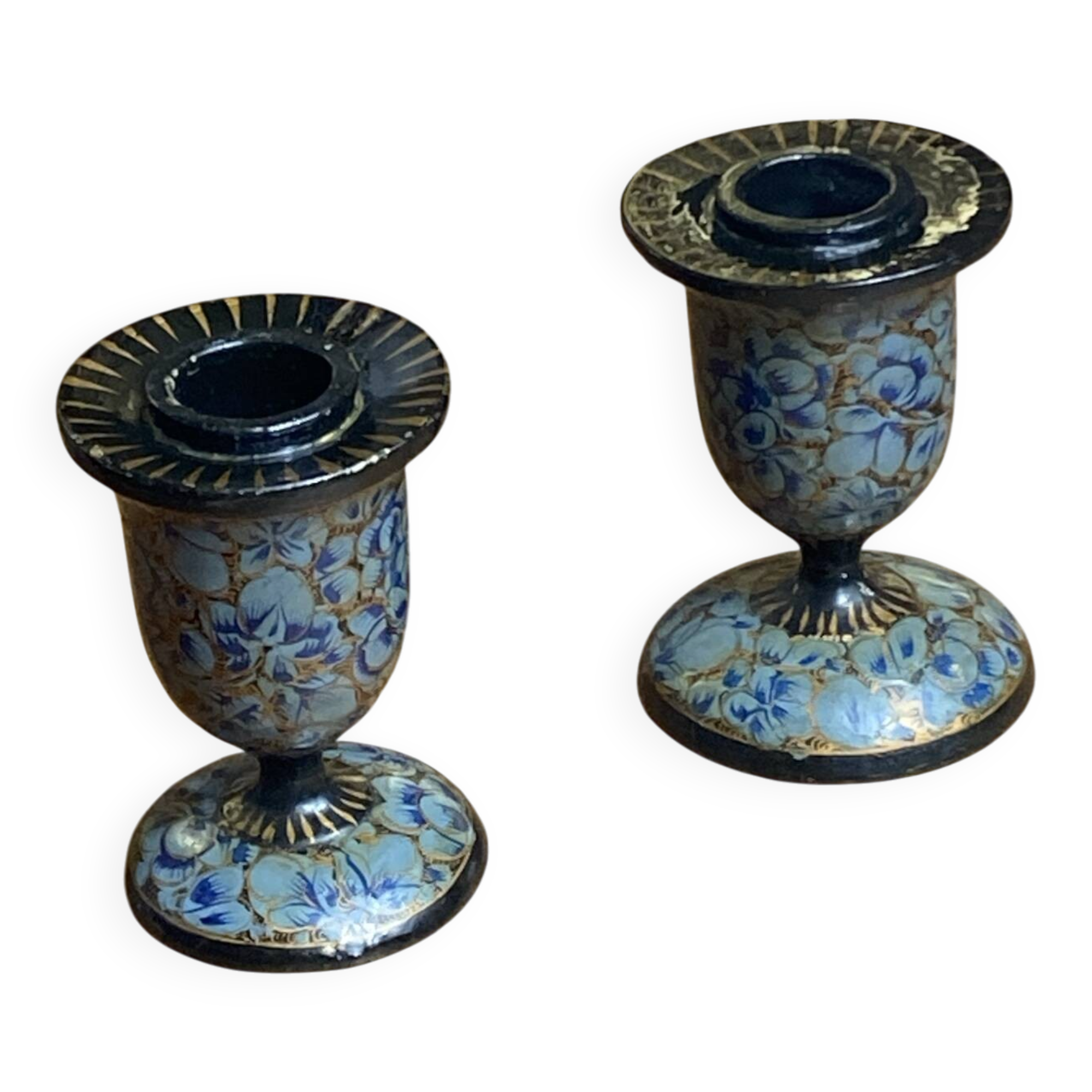 Pair of Kashmiri candlesticks, lacquered papier-mâché