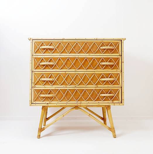 Commode vintage en bambou, rotin et osier à 4 tiroirs