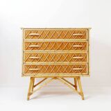 Vintage Bamboo Rattan Wicker Cane Chest Of 4 Drawers