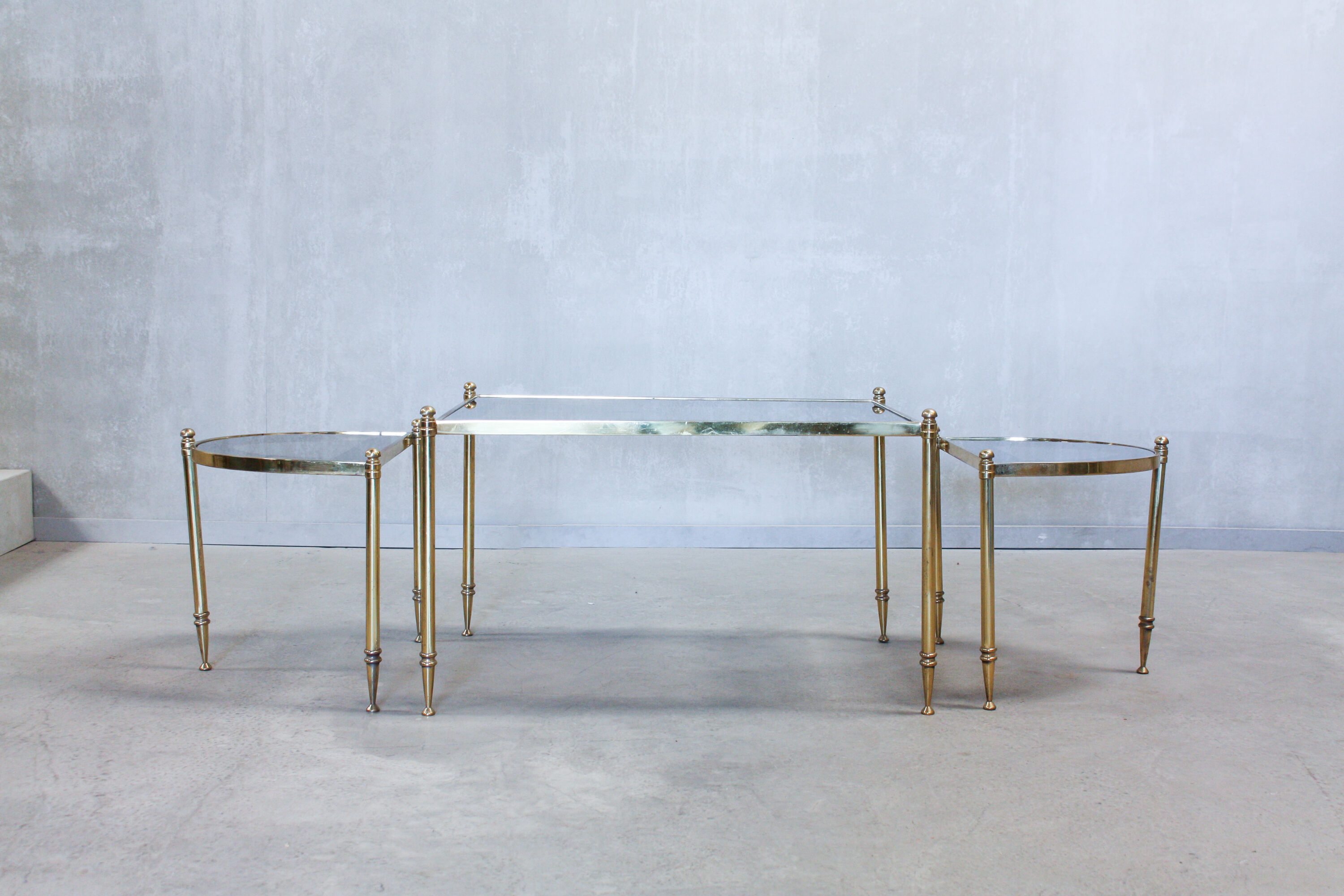 Portuguese pull out tables in brass and glass, 1970s