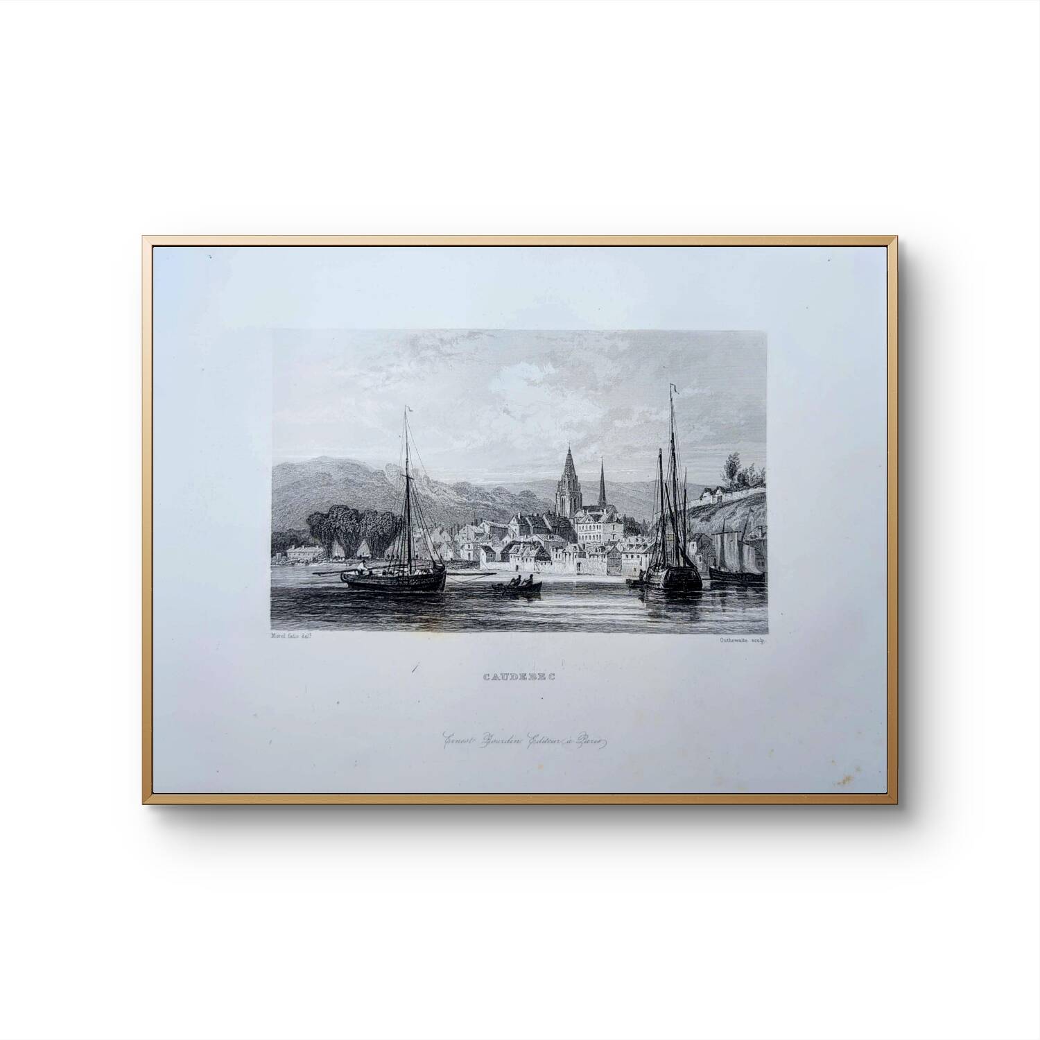 Vintage engraving of Caudebec, Normandy. Printed in 1844.