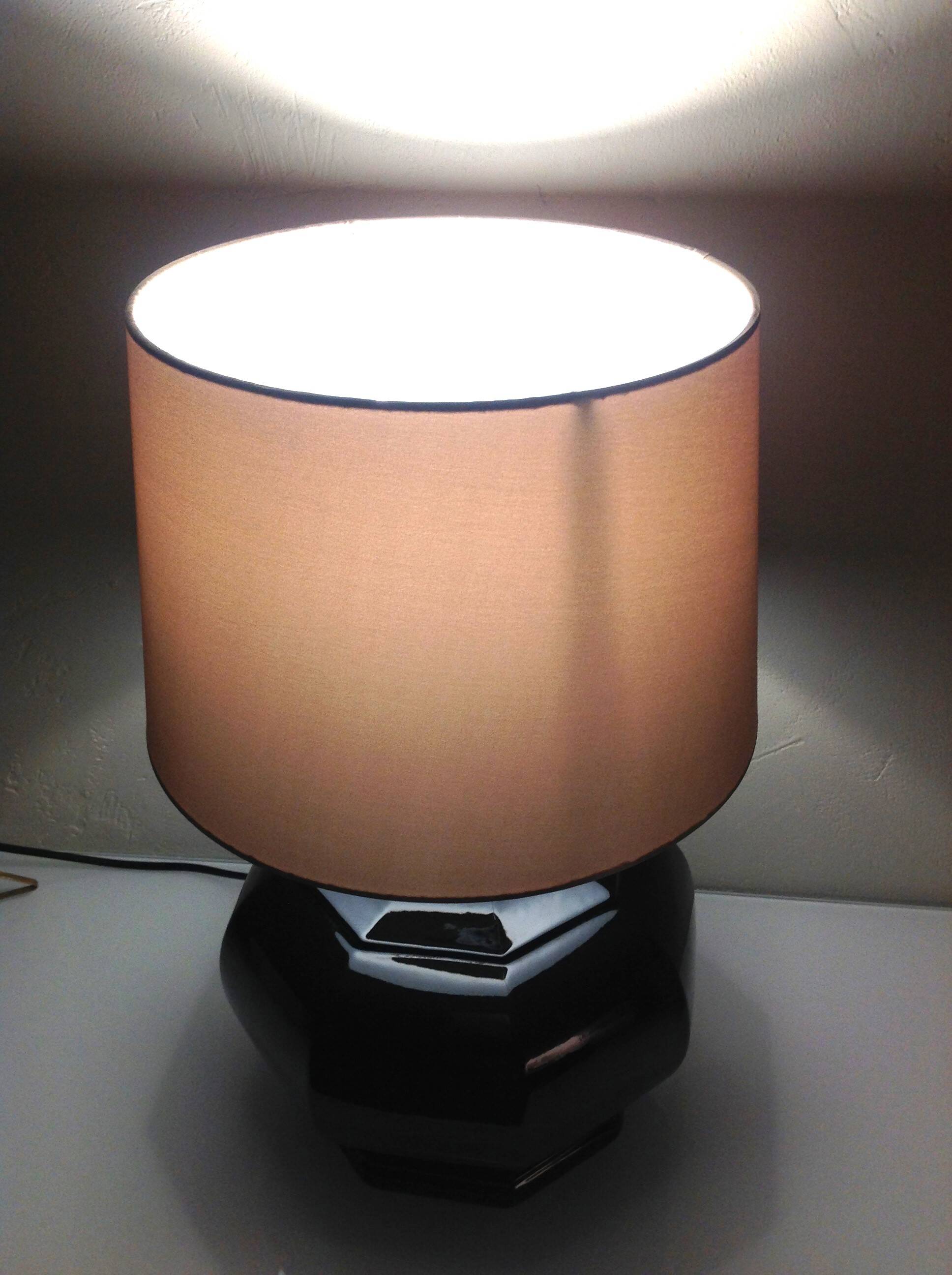 Octagonal black ceramic lamp and gold lampshade / vintage 70s