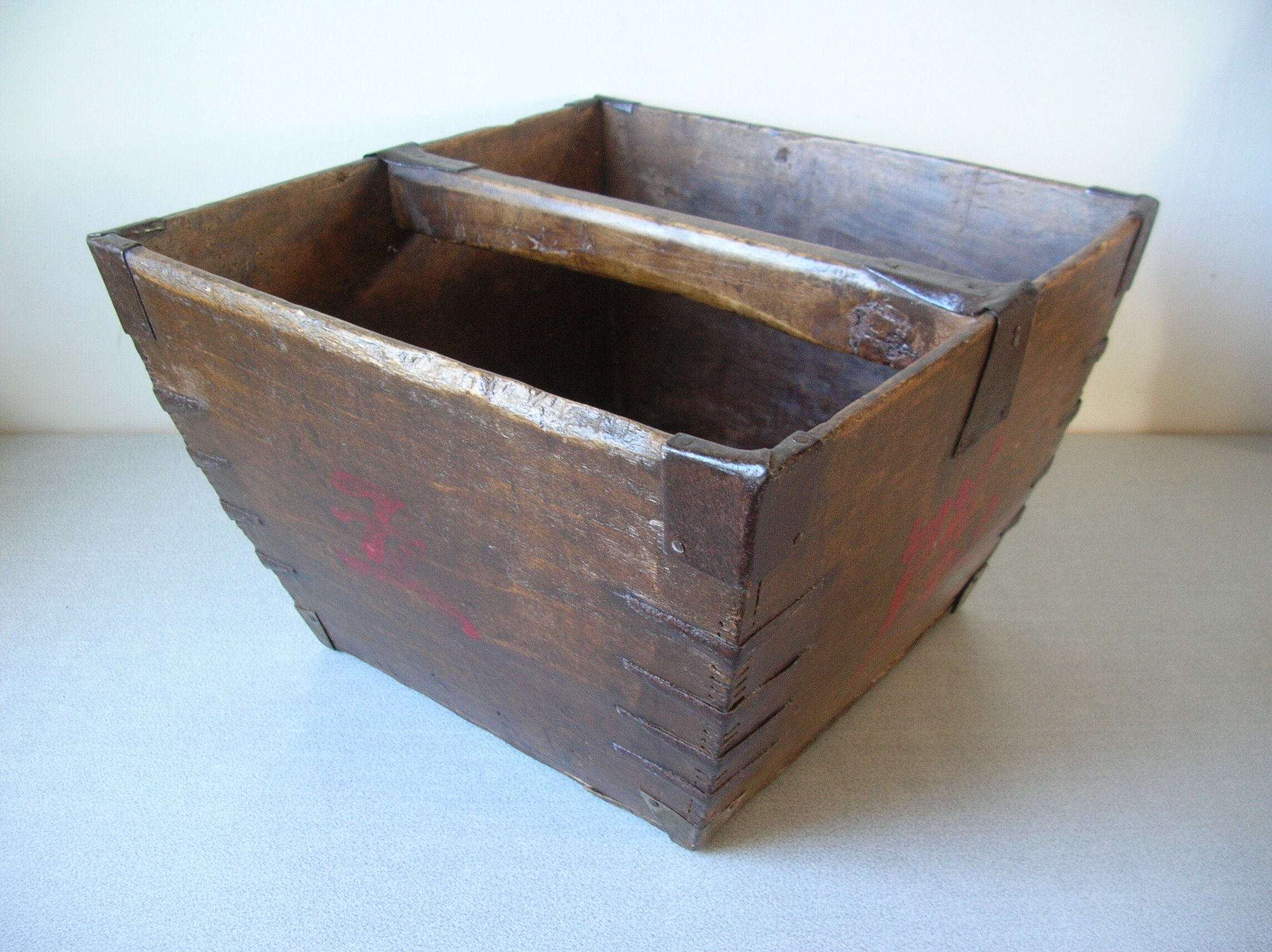 Old Asian Japanese Chinese rice basket in wood sinogram painted metal reinforcement