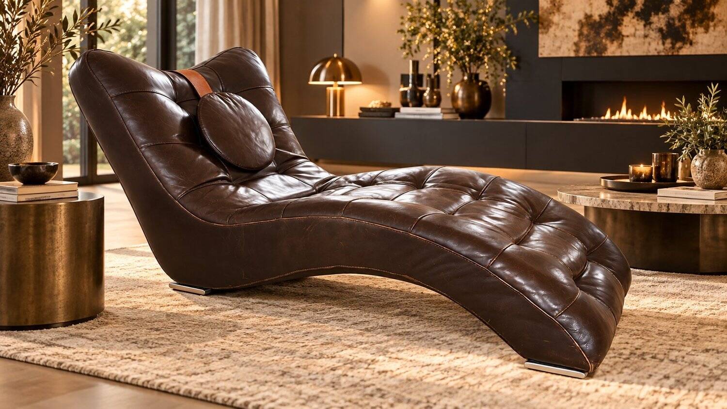 70s design chaise longue, chocolate leather, tufted, profile S.