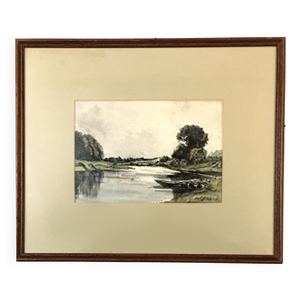 Watercolor On Nineteenth Century Paper signed Alexis Eugène Guigné Landscape