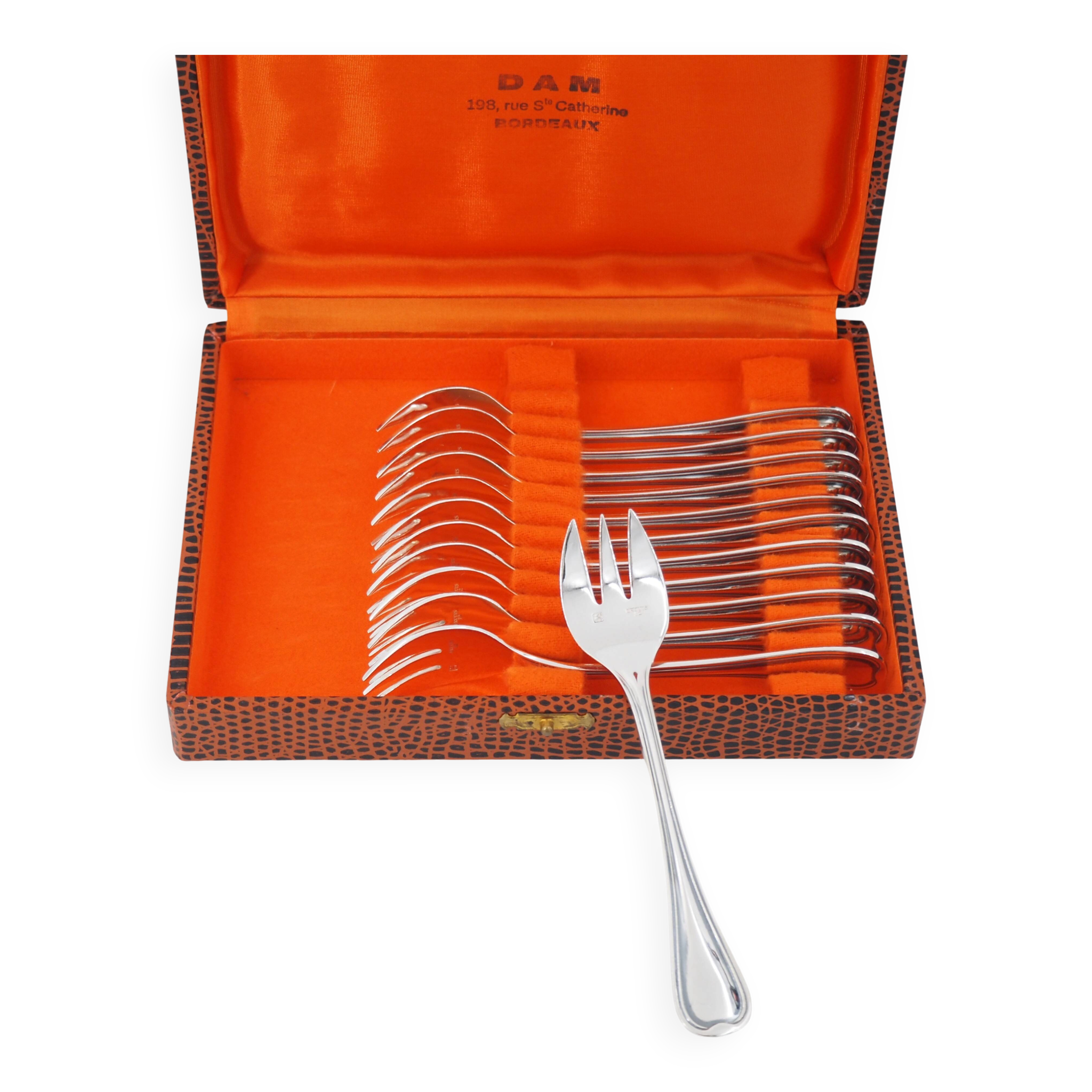 Ercuis Auteuil, 12 silver-plated oyster forks, in perfect condition.